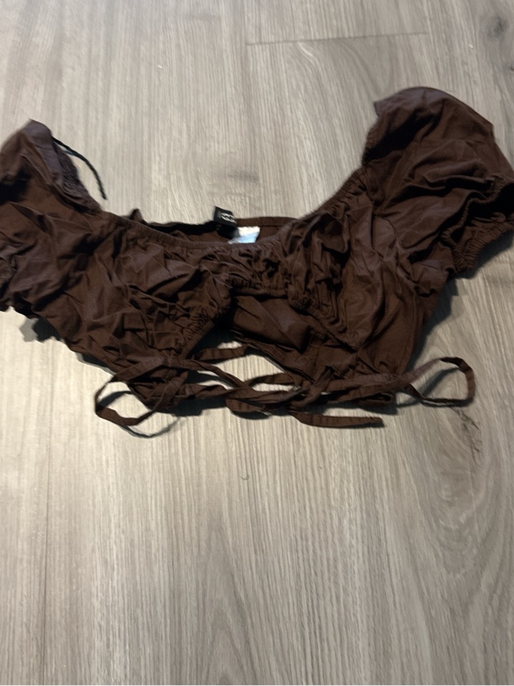 Brown Ruched Crop Top with Tie Details